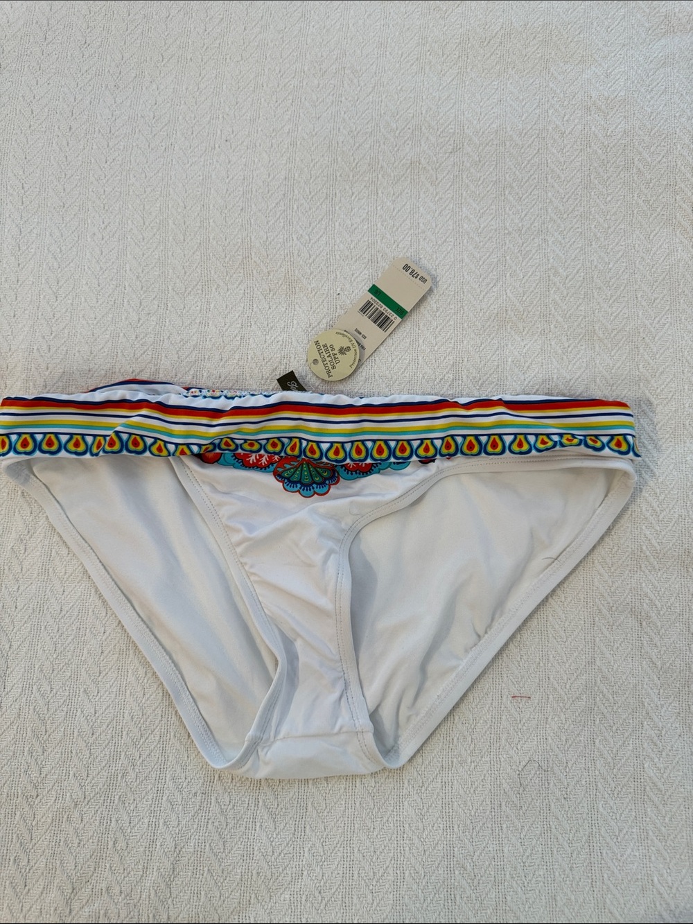 Tommy Bahama White Bikini Bottom with Multicolor Embroidered Waistband